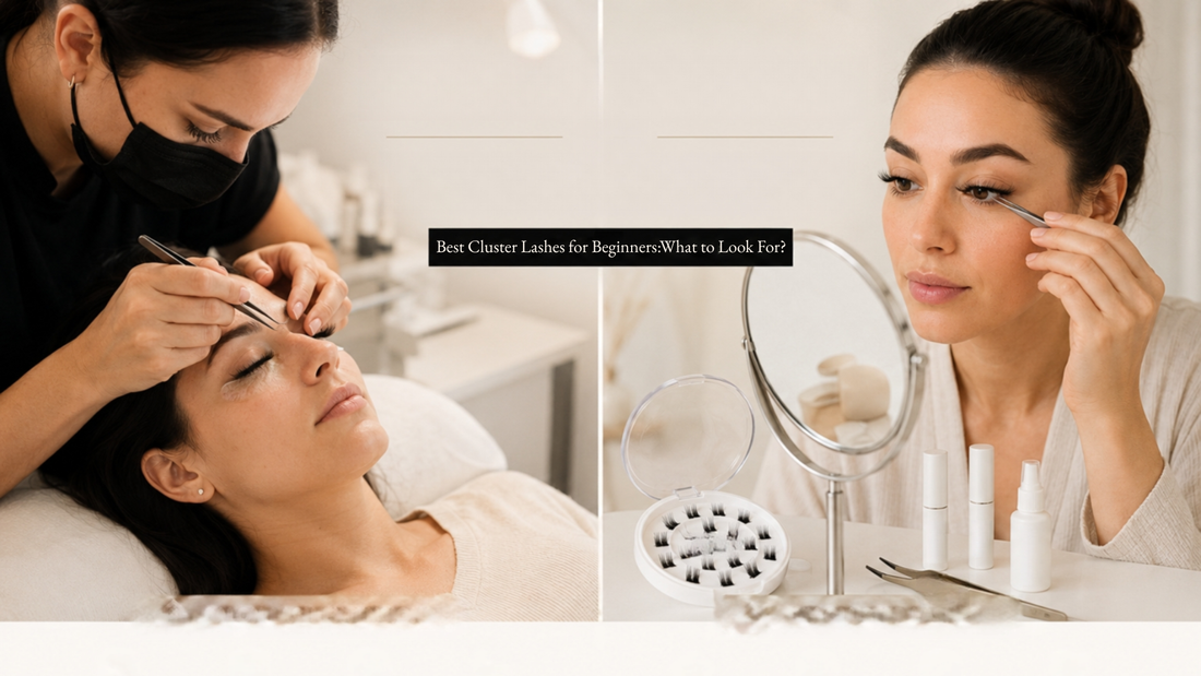 Woman applying beginner-friendly cluster lashes at home