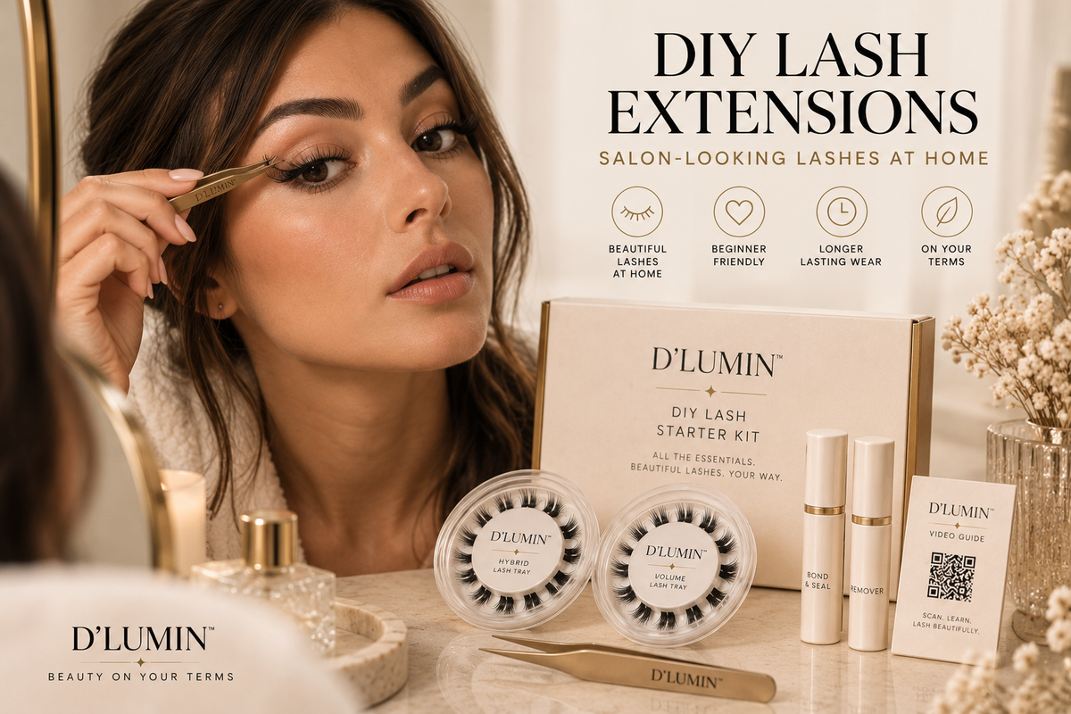 Woman applying DIY lash extensions at home with cluster lashes