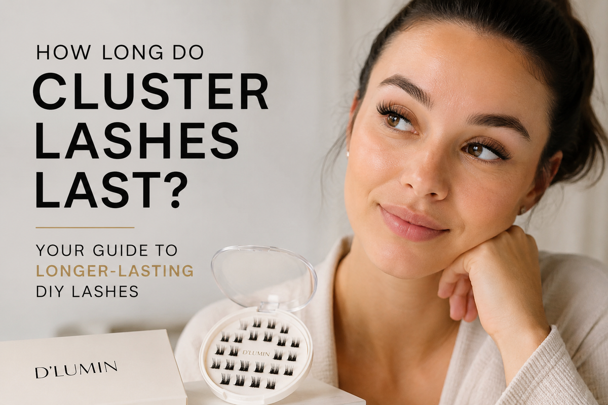 Woman wearing long-lasting DIY cluster lashes by D’Lumin