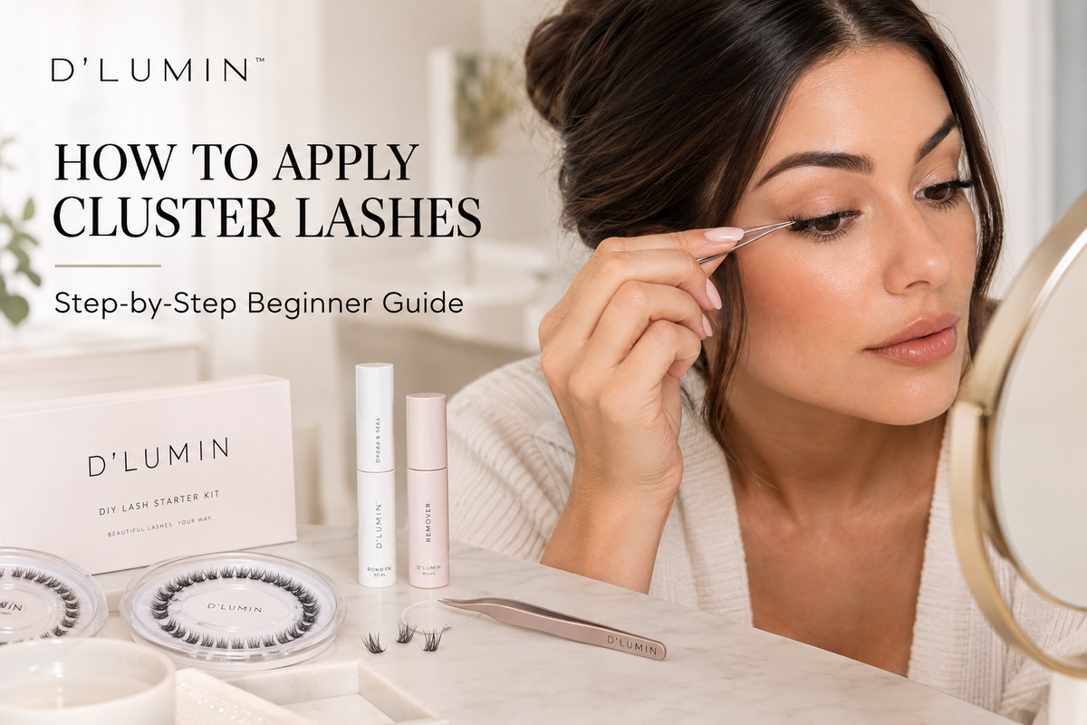 Woman applying cluster lashes at home with precision tweezers