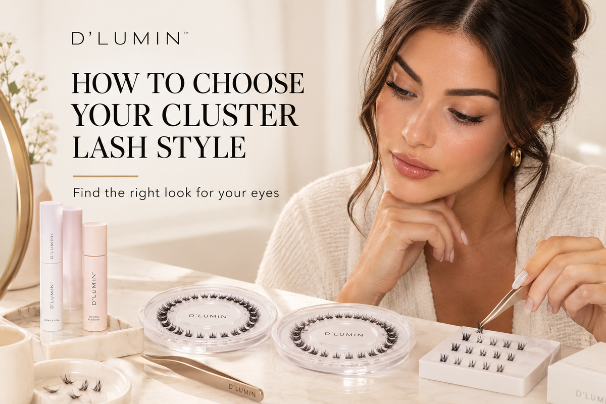 Woman choosing DIY cluster lash styles for a customized lash look