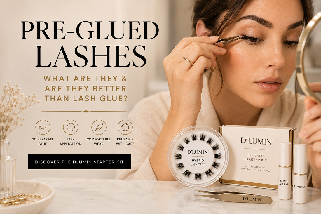 Woman applying pre-glued DIY cluster lashes at home