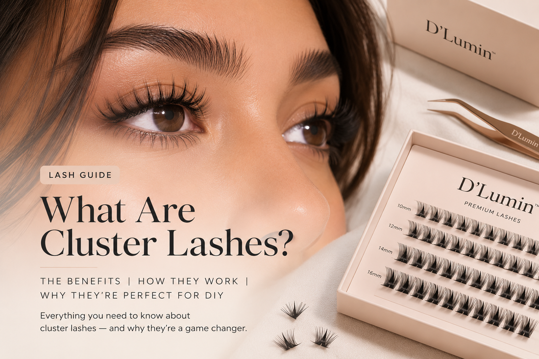 Woman wearing natural-looking DIY cluster lashes by D’Lumin